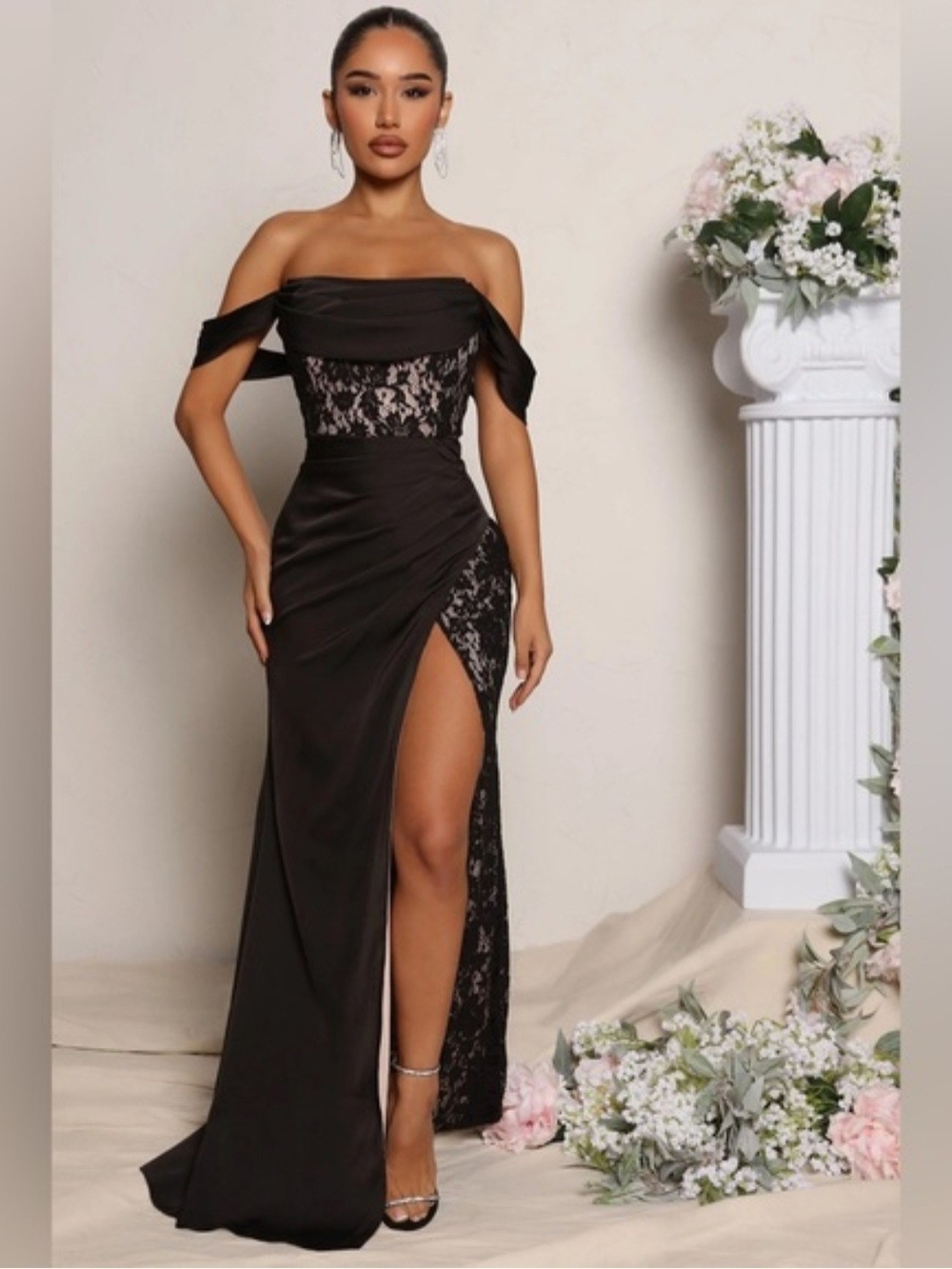 Fashion Nova Off-Shoulder Black Lace Maxi Dress with Thigh Slit